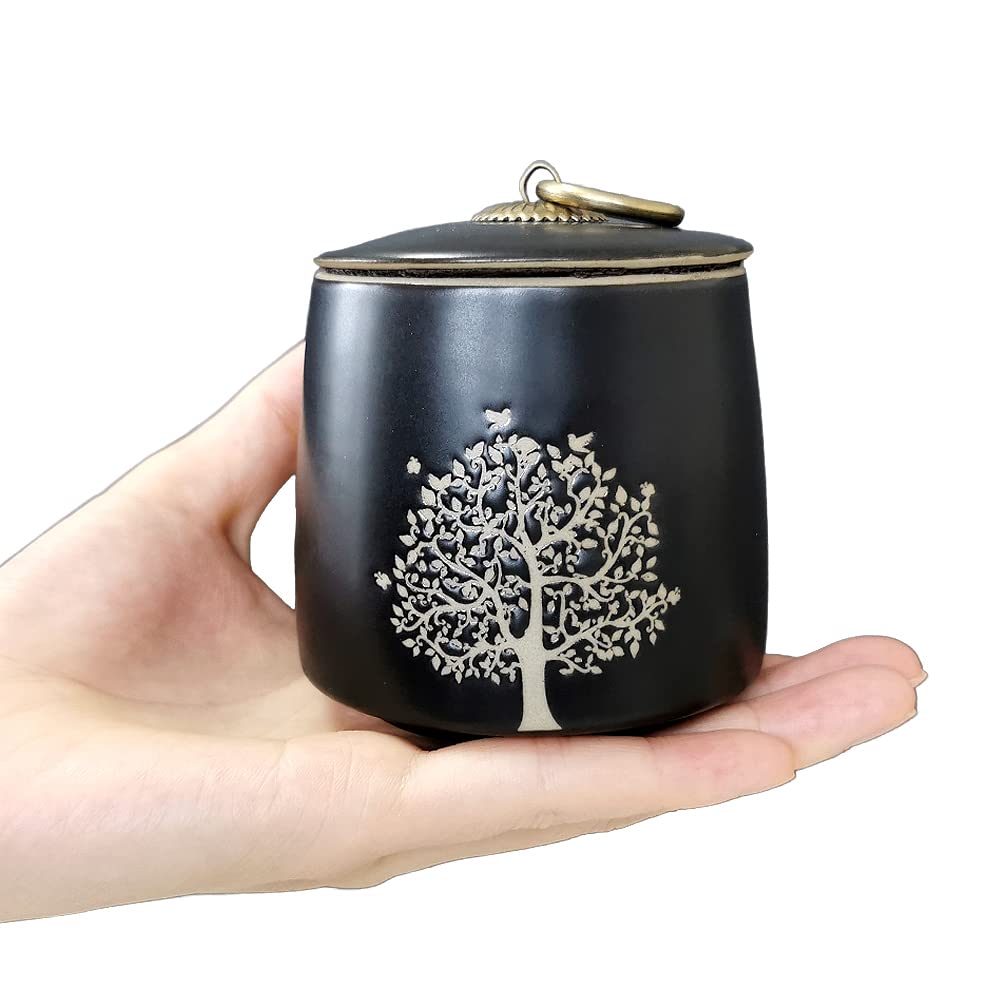 LitLife Small Cremation Urns - Tree of Life Black Ceramic Keepsake Memorial Box for Human Ashes & Pet Remains