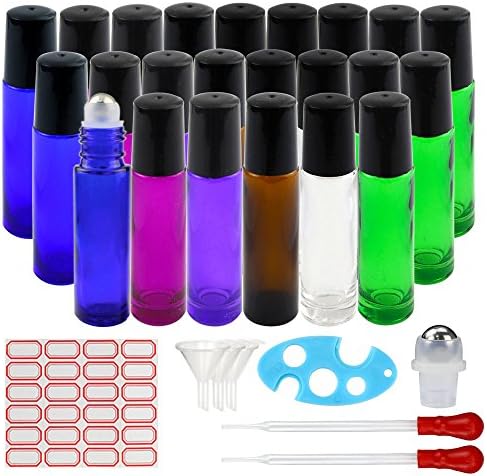 36pcs 10ml Glass Roller Bottle for Essential Oil with Opener, Glass Pipettes, Plastic Funnels and Label by Superlele