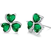 VONSSY Elegant Clover Stud Earrings | Emerald Green Gemstone Irish Shamrock Earrings | Platinum Gold Plated Chain | Meaningful Jewelry Gift for Women Mother Girlfriend