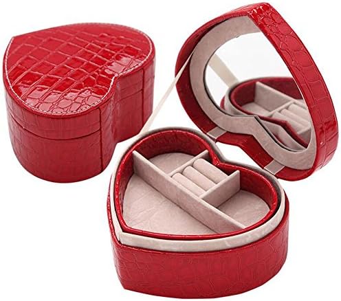 LuckyJewelry Red Faux Leather Heart Jewelry Storage Display Case Organizer with Mirror for Women Girls