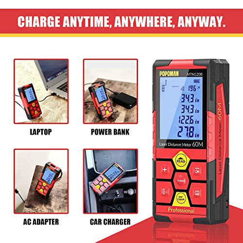Laser Measure 196ft POPOMAN, Lithium battery with USB charging, 99 Sets Data Storage, M/In/Ft with Electronic Angle Sensor, 2.25' LCD Backlit, Mute Function, Measure Distance, Area and Volume- MTM120B