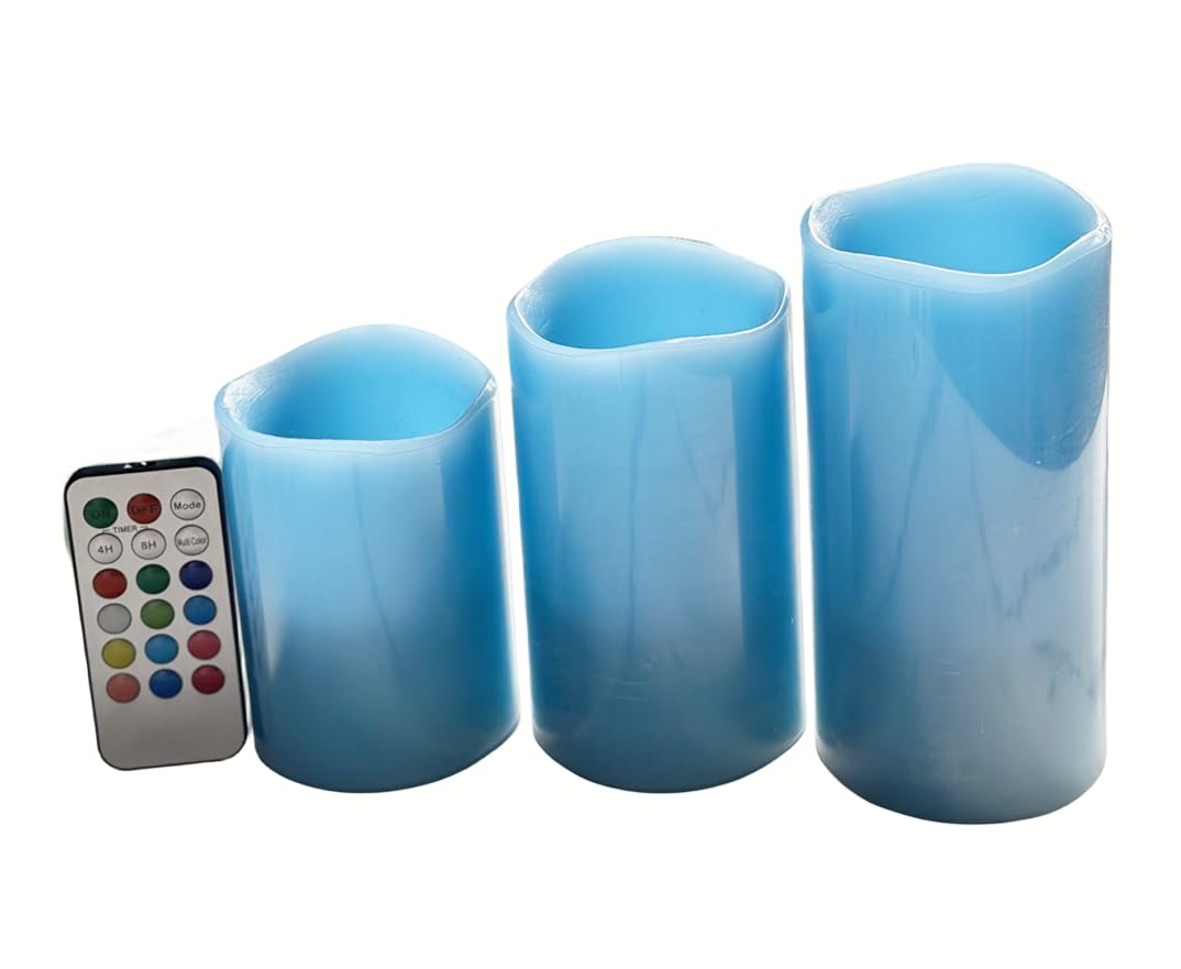 Blue Flameless LED Candles Gift Set of 3 - Realistic Wax Battery Pillar Candles- Dia3 by Tall 4,5, 6Inch,Ocean Scent-Remote and Cycle 24hrs Timer and 12 Glowing Color Option/Color Changing