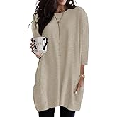 Poetsky Womens 3/4 Sleeve Tunics or Tops to Wear with Leggings Long Shirts Blouses with Pockets S-3XL
