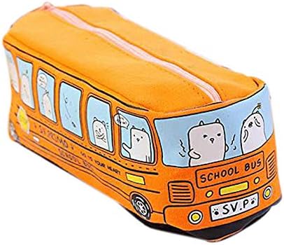 Amazon Cuhawudba かわいい スクール バスの鉛筆ケース 大容量 キャンバス カーペンシルバッグ 筆入れ 鉛筆ケース オレンジ ペンケース 文房具 オフィス用品