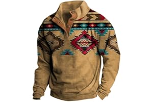 ZOCAVIA Western Aztec Sweatshirts for Men Fall Ethnic Graphic Country Vintage Cowboy Pullover Tops Button Up Collar Hoodies