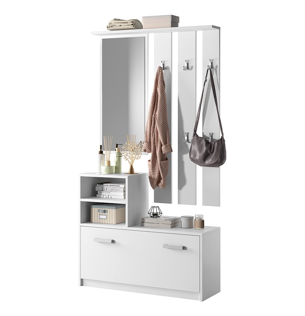 Julie Hall Tree with Shoe Cabinet, Wall Panel, Shelf & Mirror, 85 cm Wide, Matte White