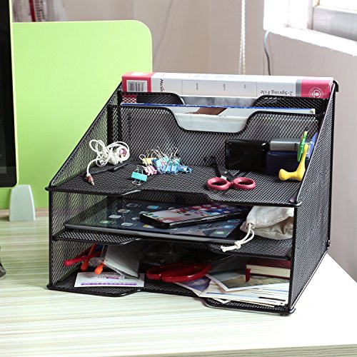 Samstar Mesh Desk File Organizer Letter Tray Holder, Desktop File Holder with 3 Paper Trays and 2 Vertical Upright Section, Black