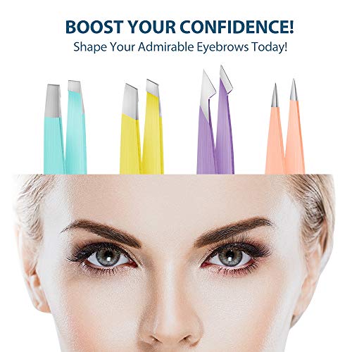 Precision Tweezers for Eyebrows, Terresa 4 Pack Tweezer Set for Ingrown Hair Removal, Professional Brow Remover Tools for Women and Girls, Hair Plucking Daily Beauty Tool with Leather Case (Color)