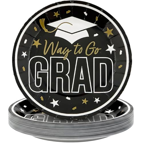 Fun Express 7 1/4" Black Way to Go Grad Disposable Paper Dessert Plates - 25 Co…