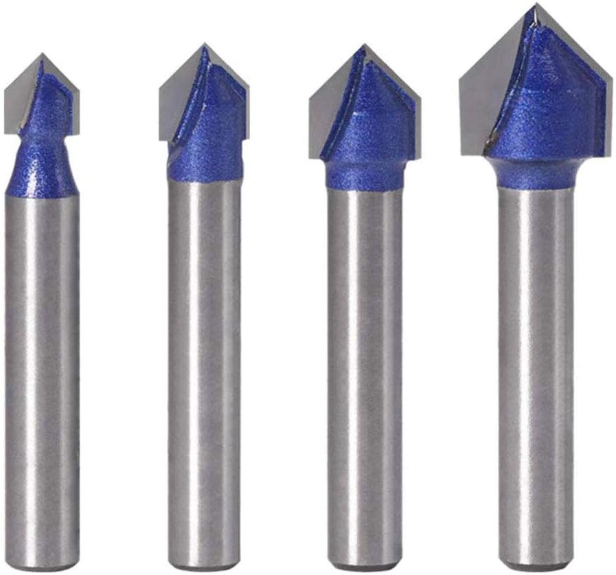 Bestgle 4pcs 1/4" Shank Industrial Grade 90 Degree V Groove Router Bit Set CNC Engraving V Grooving Cutter Woodworking Tool 1/4"