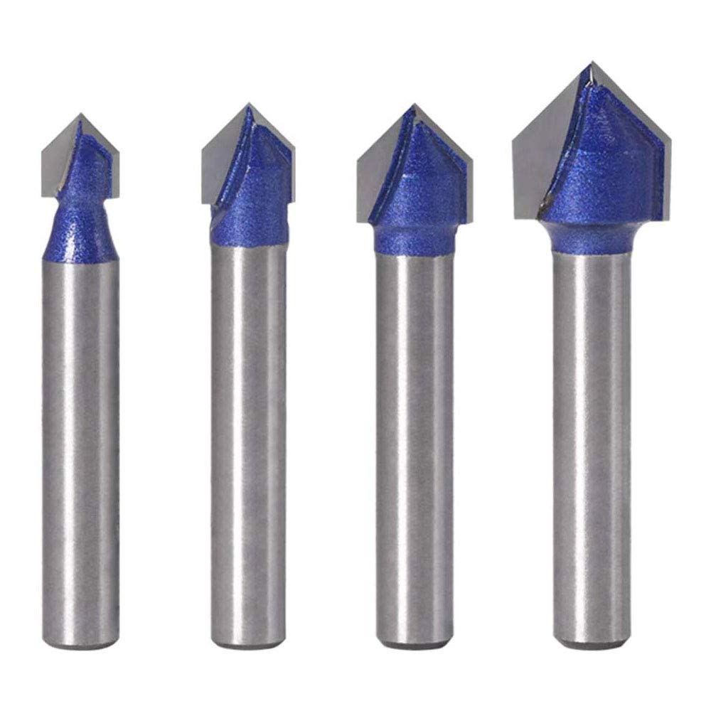 Bestgle 4pcs 1/4" Shank Industrial Grade 90 Degree V Groove Router Bit Set CNC Engraving V Grooving Cutter Woodworking Tool 1/4", 5/16", 3/8", 1/2"