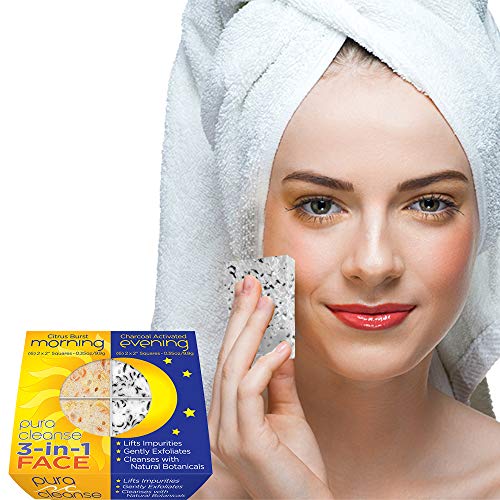 Pura Cleanse 3 in 1 Face Exfoliating Sponges. Facial Scrub & Cleaning
Sponges with Soap! Activated Charcoal and Tea Tree Oil for Nighttime &
Invigorating Citrus Splash for Morning.
