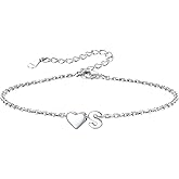 Silvora 925 Sterling Silver Dainty Initial Bracelet with Heart - 6.3" + 2" Adjustable Personalized 26 Letter Bracelet Jewelry Heart Bracelet for Women