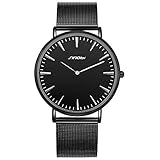 SINOBI Mens Slim Quartz Watch Black Ultra Thin Minimalist Wrist Watch with Stainless Steel Milanese Band and Analogue Display