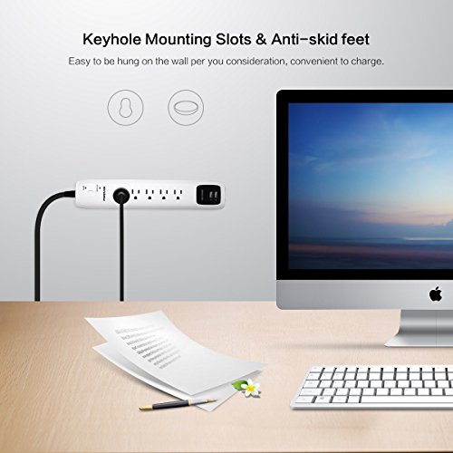 POWERADD Wall Mountable 5-Outlet Surge Protector Power Strip 6ft Cord with Dual Smart USB Ports for Home Office Dorm