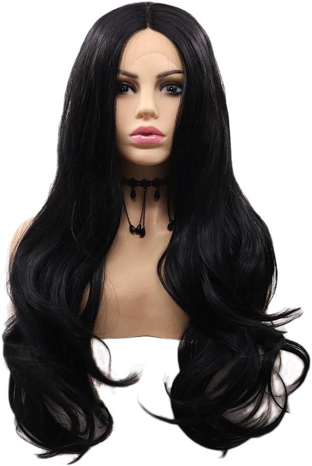 1B Black Lace Front Wigs for Women Long Curly Realistic Looking Side Part Synthetic Wig Heat Fiber Pure Black Lace Wig 150 Density Cosplay Amine Daily Use 24 Inches - Image 4
