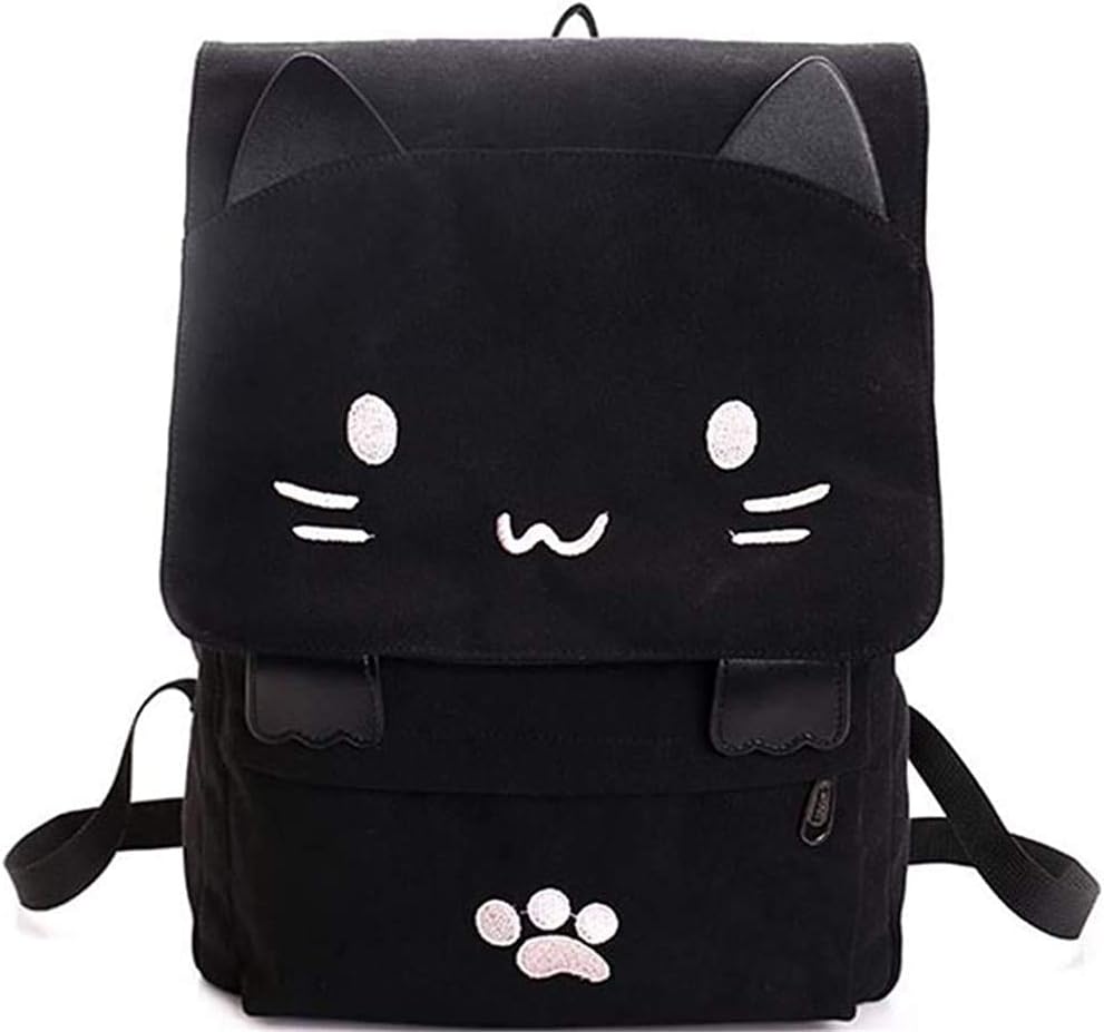 e-youthCute Canvas Cat Print Backpack Lightweight Travel Rucksack One Size