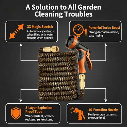Expanding Garden Hose with 10-Pattern Spray Nozzle - 3-Fold Retractable Water Hose, Lightweight, Leak-Proof, Durable Triple-Layer Latex Core - Ideal for Watering, Car Washing & Pet Bathing (75FT)