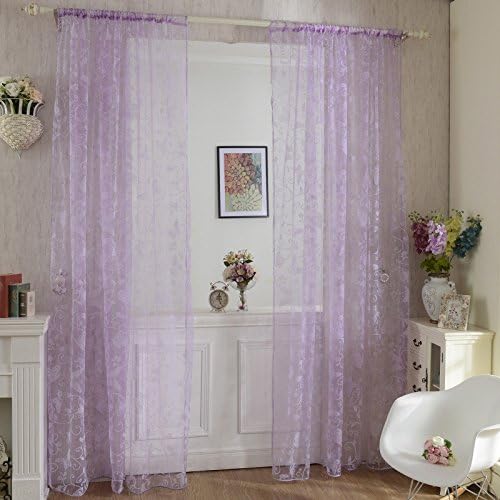 2Pcs Violet Door Drape Panel Scarf Sheer Voile Butterfly Flocked Yarn Window Curtain Decal
