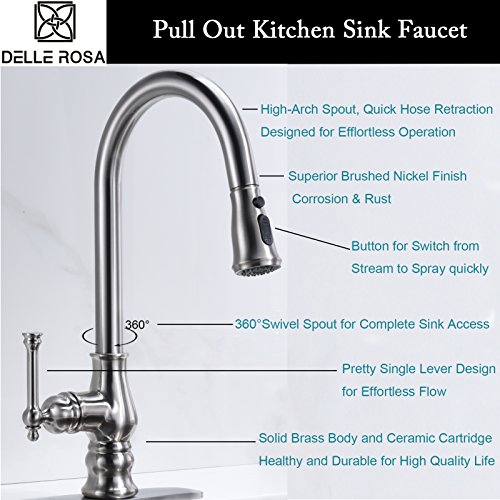 Kitchen Faucet Brushed Nickel with Pull Out Sprayer Delle Rosa Single Handle High Arc Swivel Brass Pre-rinse Kitchen Sink Faucets with Deck Plate
