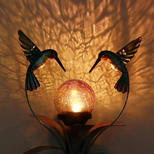 VCUTEKA Solar Garden Stake Lights - Hummingbird Crackle Glass Globe, 35" Metal Stake, Waterproof For Pathway & Patio