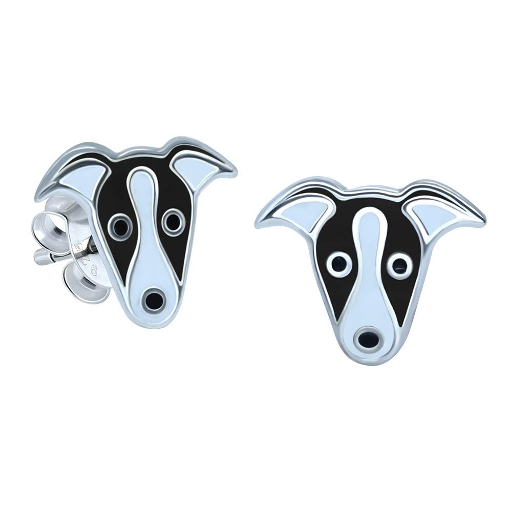 Sterling Silver Black & White Italian Greyhound/Whippet Dog Earrings Gift