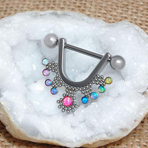 Nipple Shield Ring 14g - 316L Stainless Steel Nipple Bar - Nipple Barbell with Opal - Drop Nipple Ring - Fashion Piercing Jewelry