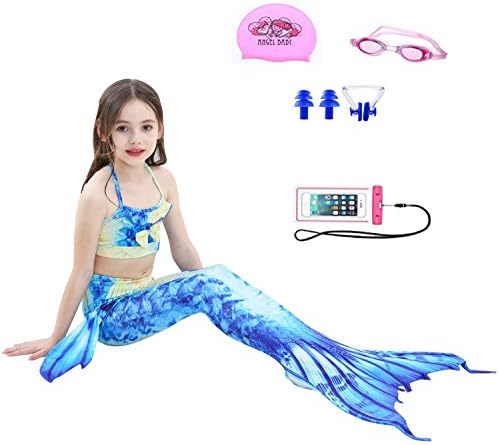 AUIE SAOSA Girl Mermaid Tail for Swimming Swimwear Cover up Sets Girls Goggles 7pcs Blue&amp;Yellow BY150