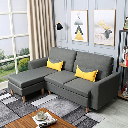 HOMA Fabric Sectional Sofa, L-Shape 3seat Sofa with Ottoman, Small Couch in Linen Fabric with Reversible Chaise, Apartment Couch for Small Space (Grey, 3seat+Ottoman)