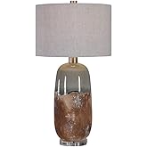 BOWERY HILL Ceramic Table Lamp, 30.25" H, Terracotta Rust Brown and Crackled Green Gray Finish, Fabric Drum Shade with Nickel