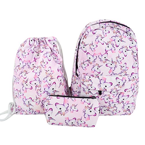 Monique Girls Women Pink Unicorn Print Canvas Backpack Drawstring Bag Clutch Set Students Schoolbag Casual Daypack Outdoor Outdoor Shoulder Bag