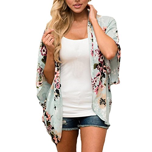 Fabal Beach Cover Women Floral Kimono Loose Half Sleeve Shawl Chiffon Casual Cardigan (M, Green)