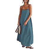 OWNGIGI Women's 2025 Summer Linen Maxi Dress Contrast Spaghetti Strap Beach Dress Backless Sleeveless Party Casual Dresses