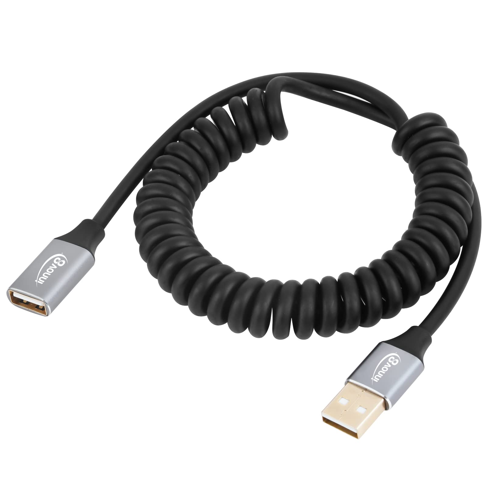 innov8 USB 2.0 A Male to Female Coiled Data Charge Extension Cable (Extends to 1.8m)