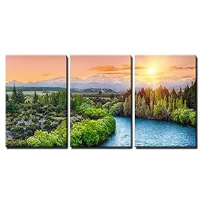 3 Piece Canvas Wall Art - Beautiful Sunset Over The Bend of The River Clutha with Southern Alps Peaks - Modern Home Art Stretched and Framed Ready to Hang - 16"x24"x3 Panels