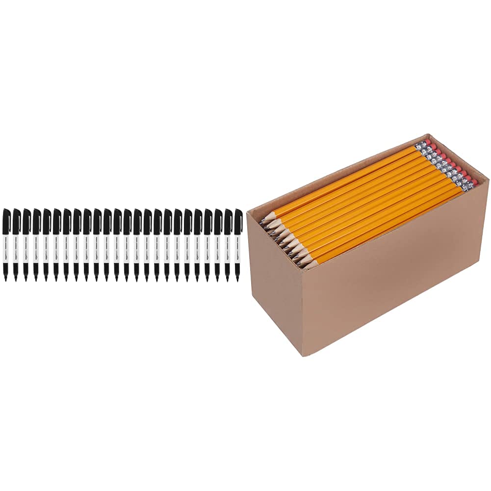 Amazon Basics Presharpened Wood Cased #2 HB Pencils, 150 Pack & Permanent Markers, Black, 24-Pack