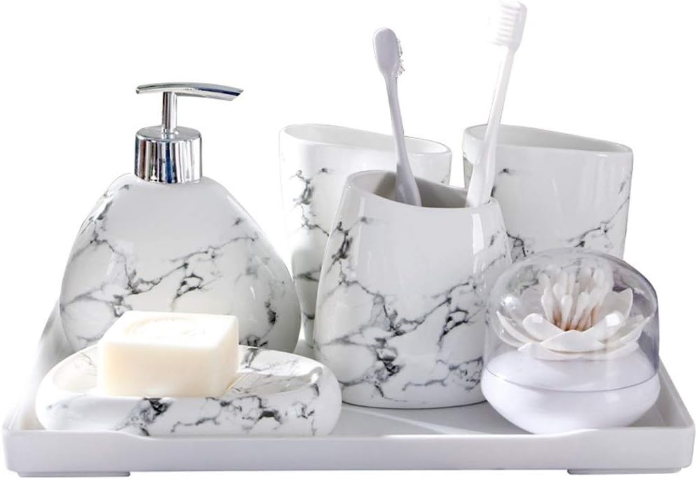 UZZHANG Marble Pattern Wedding Bathroom Accessories 5 Piece Set Bathroom Set Soap Dispenser Toothbrush Holder Cup Soap Dish Bath (Color : White)