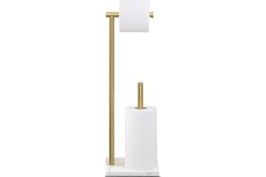 Hoooh Free Standing Toilet Paper Holder Stand with Reserve - Heavyweight Marble Base & Brushed Gold Stainless Steel, Bathroom