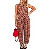 Melliflo Gingham Sets Women 2 Piece Outfits Sleeveless Plaid Loungewear Checkered Crop Tanks and Pant Sets with Pockets