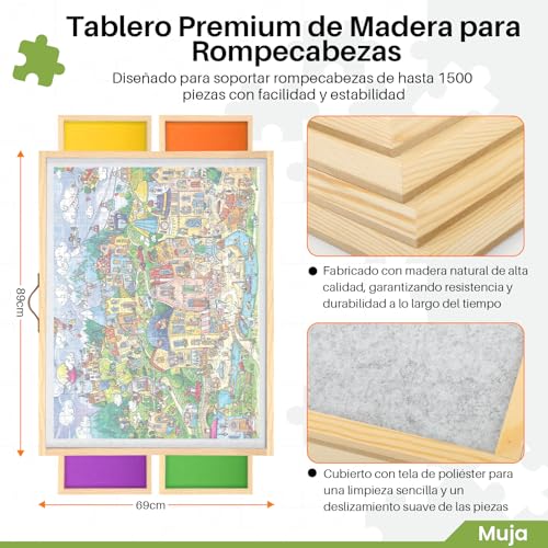 Muja Mesa para Rompecabezas de 1500 Piezas con 4 Cajones, 90x69cm Tablero para Rompecabezas con Cubierta Antipolvo Transparente, Inclinable y Giratorio
