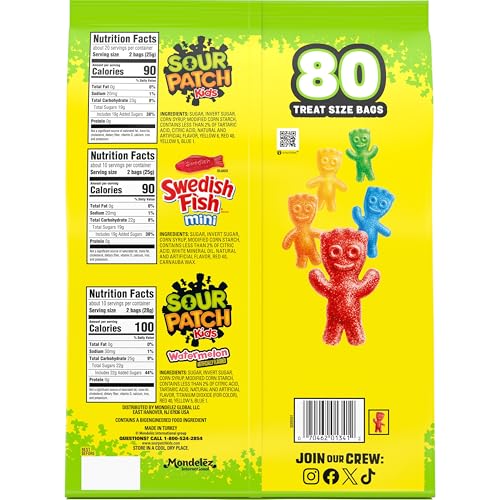 SOUR PATCH KIDS AND SWEDISH FISH MINI SOFT & CHEWY CANDY VARIETY PACK, BULK CANDY, 80 TREAT-SIZE SNACK PACKS