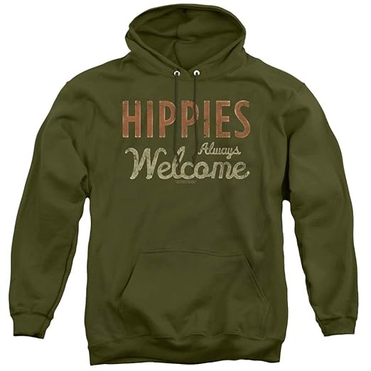 Trevco Woodstock Hippies Welcome Unisex Adult Pull-Over Hoodie for Men and Women, Large Military 