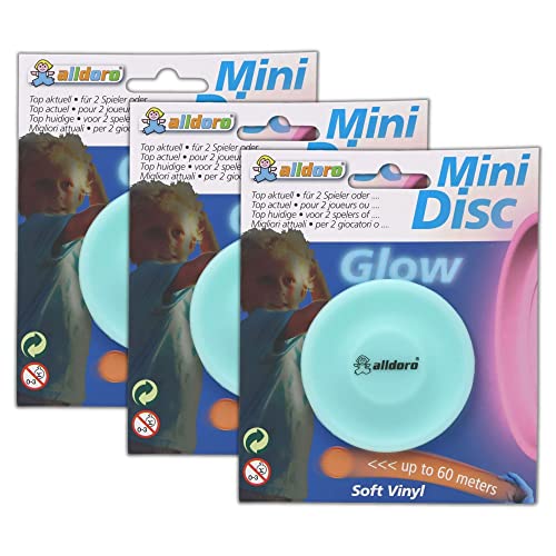 alldoro 63051 Set of 3 Mini Effect, Diameter Approx. 6.5 cm Soft Silicone Flying Discs Small Throwing Game up to 60 m Range for Children, Adults and Dogs, Glow Blue