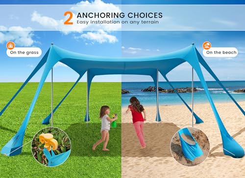 Tenda da Spiaggia Portatile Tents, Grande Tenda Mare Spiaggia UPF50+ Tenda Della Spiaggia di con 4 Pali, Pala, Picchetti e Borsa per il Trasporto per Campeggio, Pesca, 3x 3x 2M (sky blue)