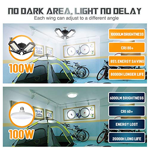 100W Remote-Control-Garage-Lights-Ceiling-LED, Timer Deformable LED Garage Light with 4 Aluminum Panels E26/E27 10000lm for Basement Workshop Laundry Room Garage