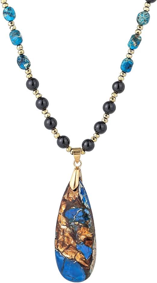Boho Handmade Natural Ocean Jasper Picasso Jasper Imperial Jasper Pendant Long Strand Amazonite Bead Necklace for Women Men
