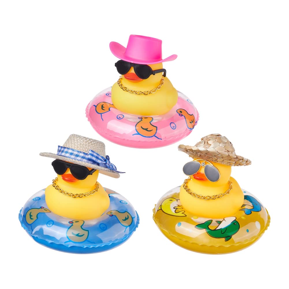 Jscarlife 3Pcs Rubber Duck Car Ornaments,Yellow Duck Car Dashboard Decorations with Mini Hat Swimming Ring Necklace Sunglasses for Christmas Decor and Home (F)