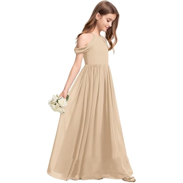 Amazon.com: Kismissal Blush Off-Shoulder Junior Bridesmaid Dresses Long  Chiffon Flower Girl Dress for Teen Girls Party Pageant Gowns Halter Size  12: Clothing, Shoes & Jewelry