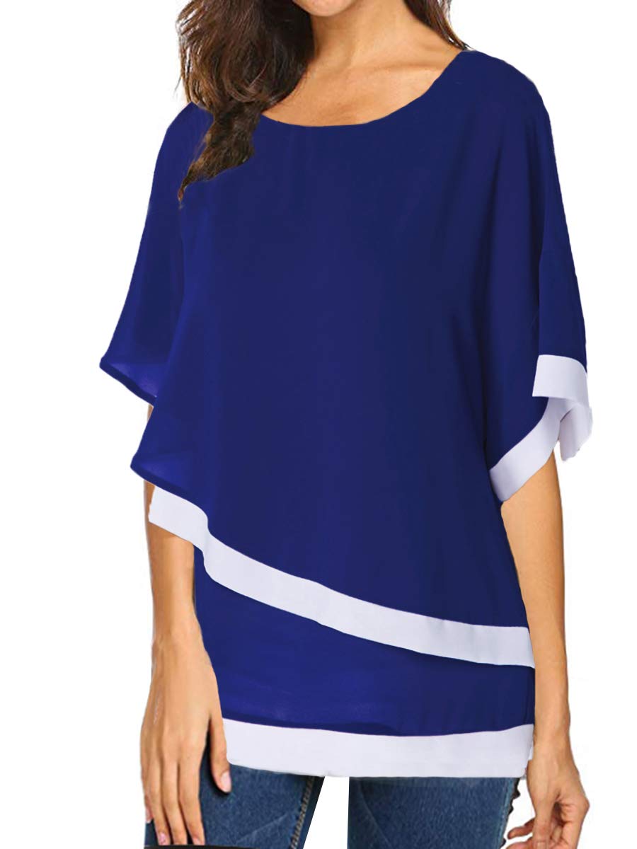 Saslax Women\'s Casual Chiffon Overlay Half Sleeve Blouse Tops Blue XL
