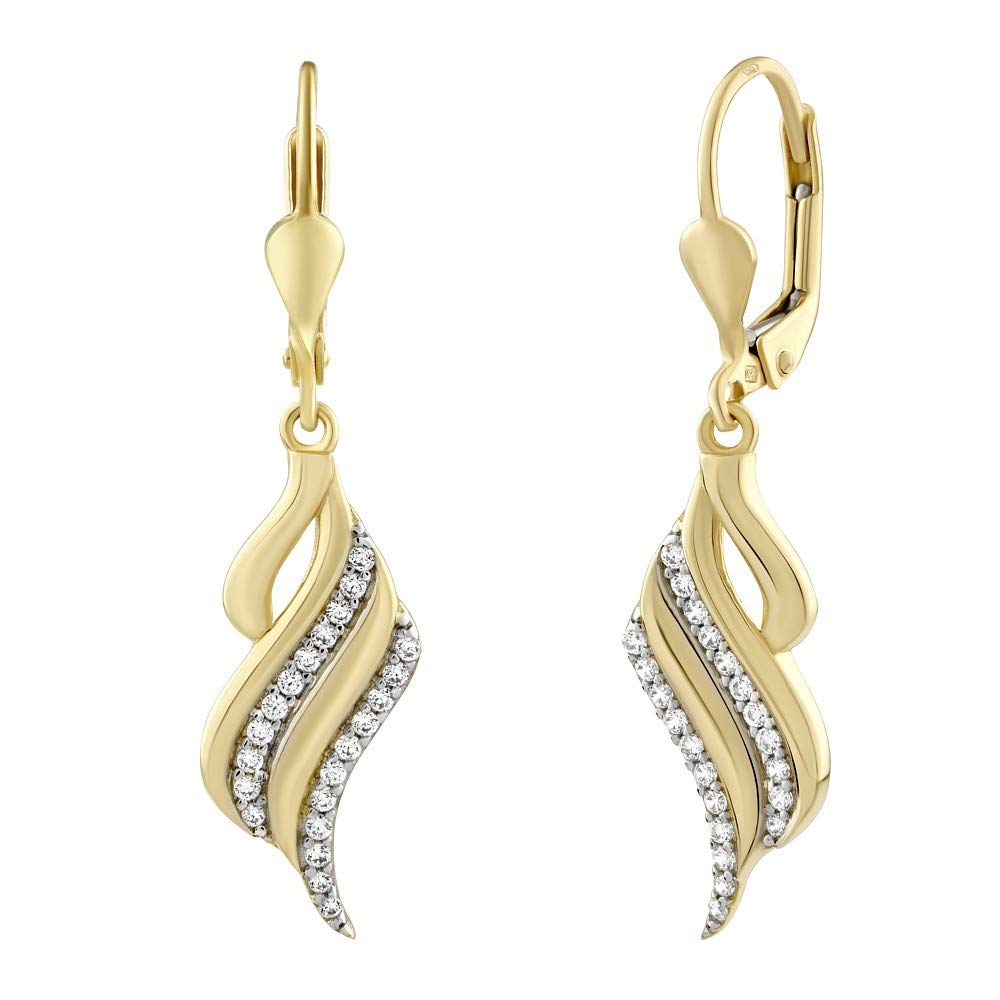 SILVEGO - QRG218K - Women 14ct Yellow Gold Earrings Waves with Zirconia